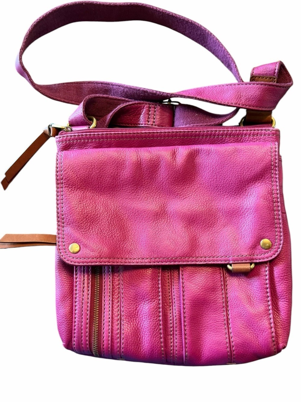 Fossil Morgan Traveler Crossbody Bag Fuchsia Pebbled Leather Vintage Very Nice